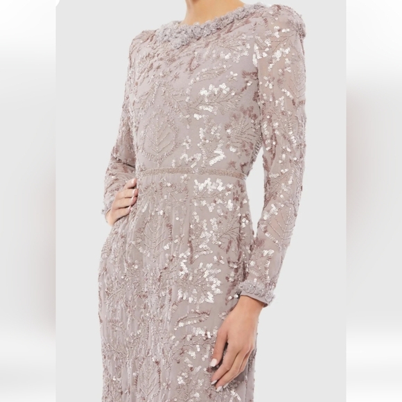 Mac Duggal 12 Light Purple Embellished High Neck Puffed Sleeve Midi Sheath Dress - Picture 2 of 3